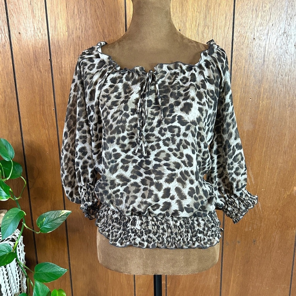 Vintage y2k 6 Degrees Leopard‎ Print Sheer Blouse Smocked Waist Boho